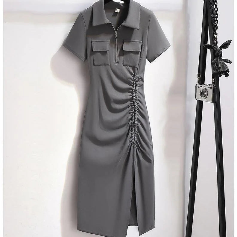 Split Drawstring Polo Dresses Women's Casual Slim Long/Short Sleeve Spring Summer Bodycon Dresses Design Pleated Korean Vestido