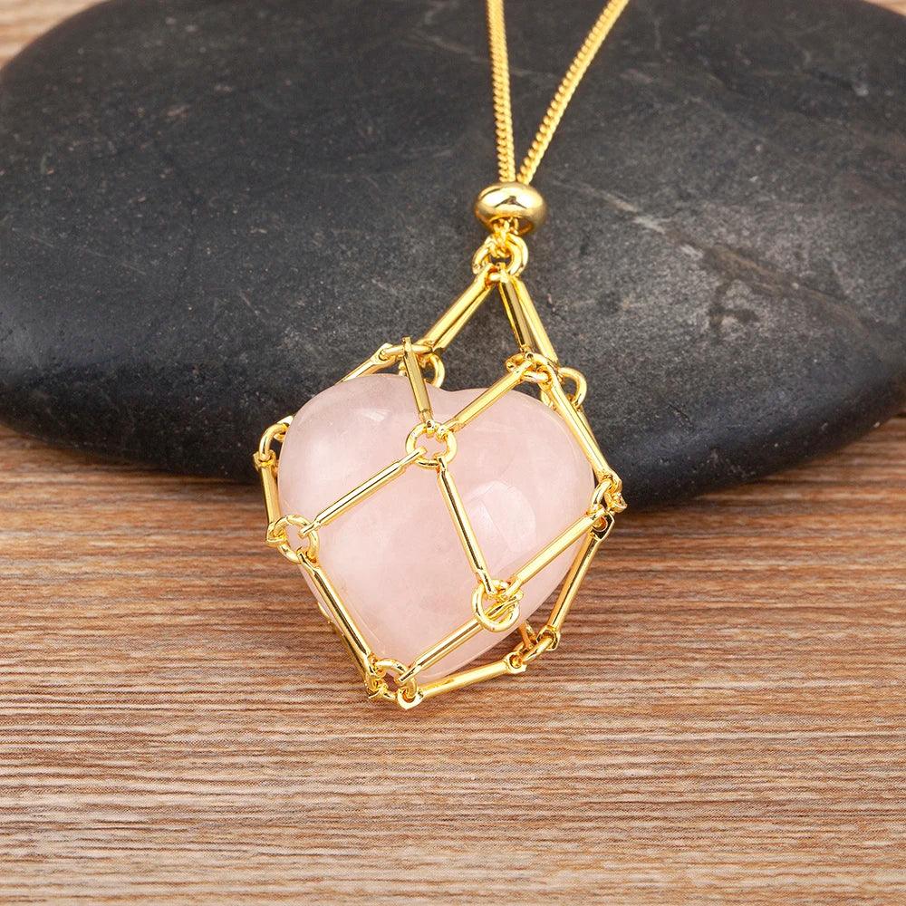 New Retro Irregular Hollow Design Heart Shape Natural Stone Pendant Necklace 7 Colors For Women Female Jewelry Accessories