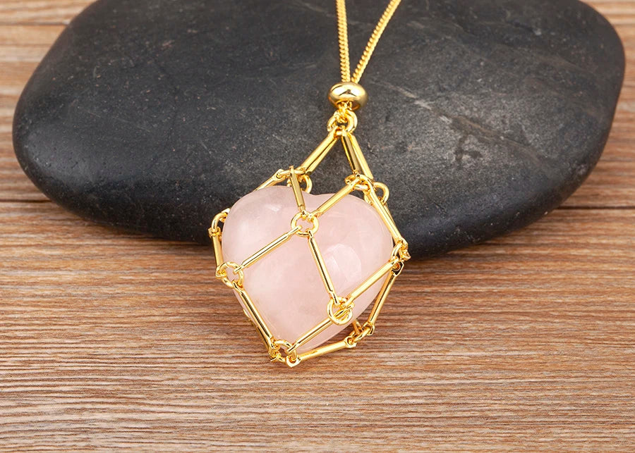 New Retro Irregular Hollow Design Heart Shape Natural Stone Pendant Necklace 7 Colors For Women Female Jewelry Accessories