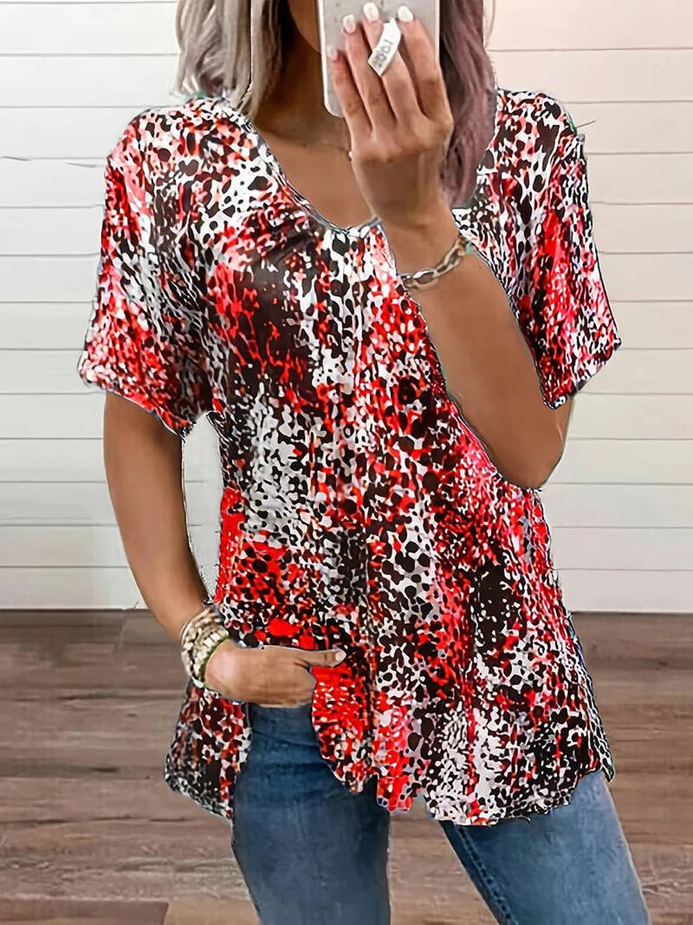 summer fashionable blouse digital print leopard print blouse chest pleated V neck short sleeve casual T-shirt women