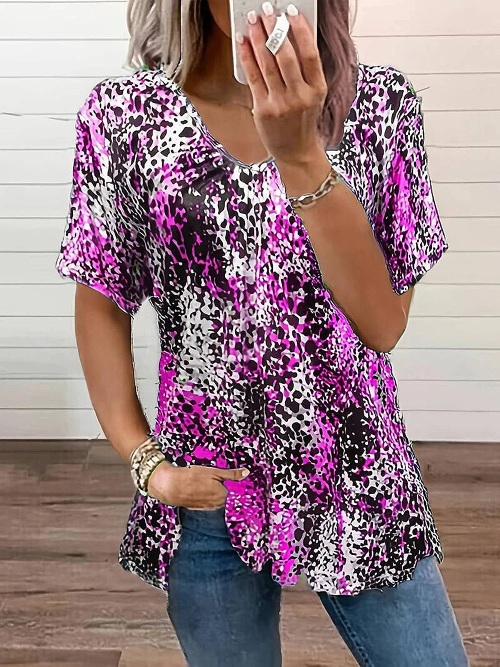 summer fashionable blouse digital print leopard print blouse chest pleated V neck short sleeve casual T-shirt women