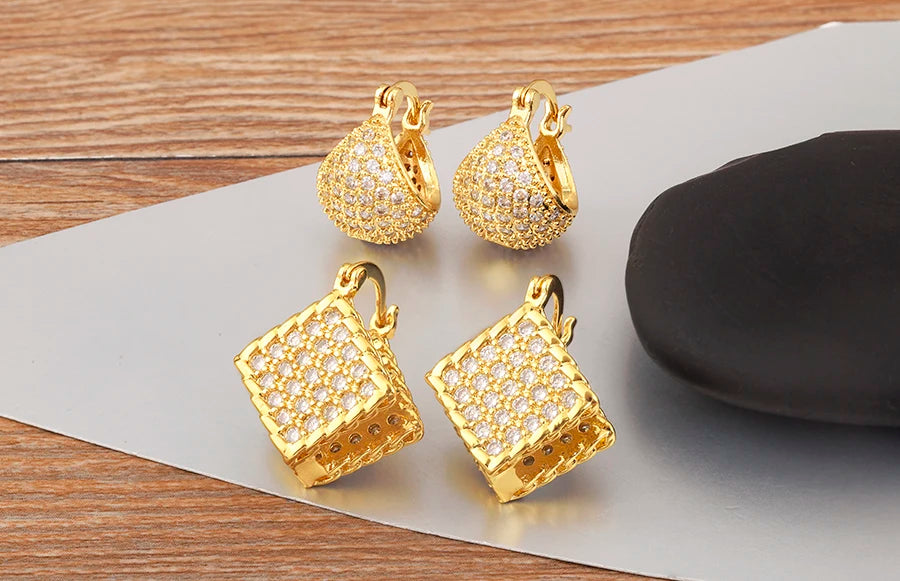 Semi-circular/Square Shape Zircon Irregular Geometric Charm Earrings For Women Luxury Ear Jewelry Accessories