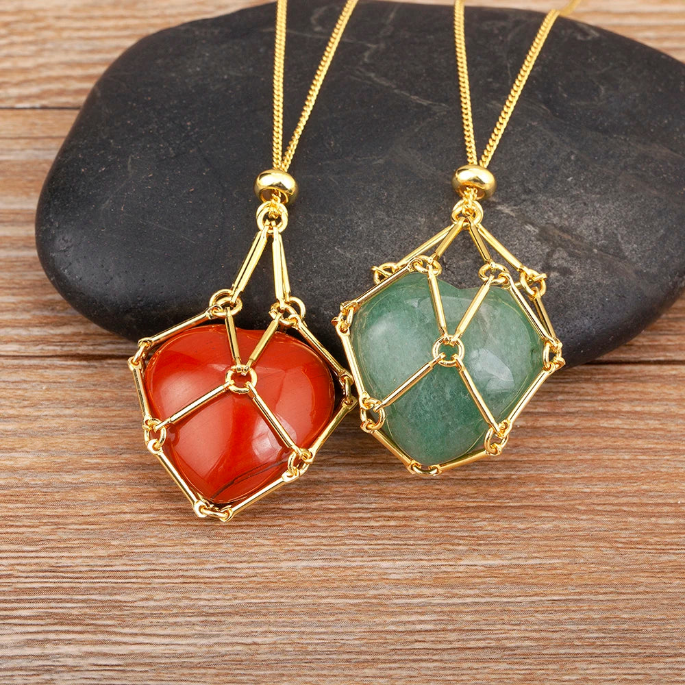 New Retro Irregular Hollow Design Heart Shape Natural Stone Pendant Necklace 7 Colors For Women Female Jewelry Accessories