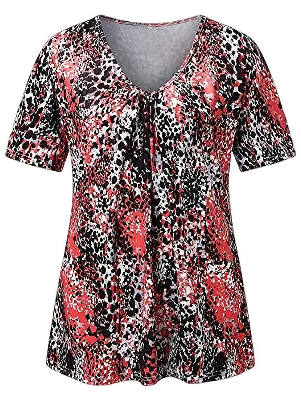 summer fashionable blouse digital print leopard print blouse chest pleated V neck short sleeve casual T-shirt women