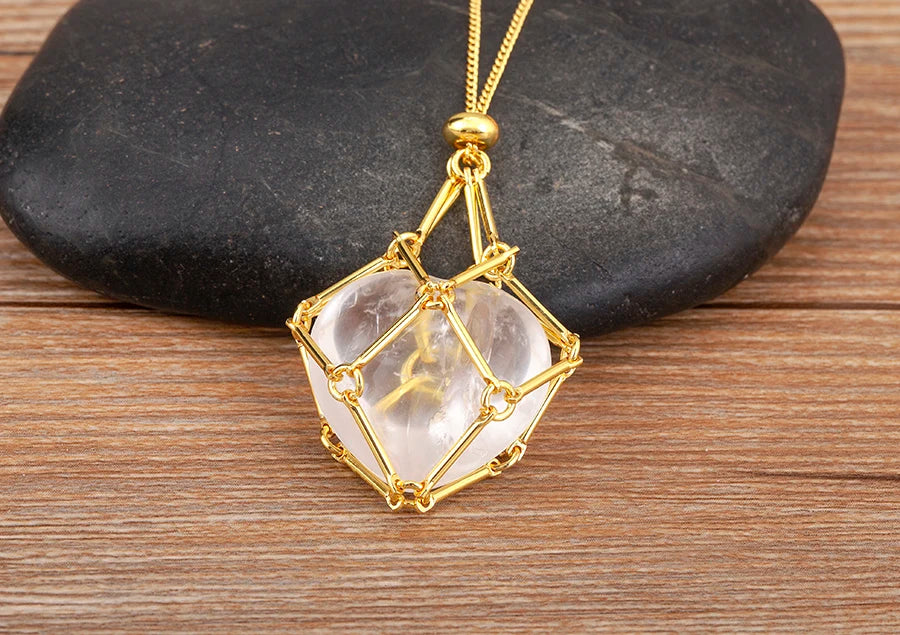 New Retro Irregular Hollow Design Heart Shape Natural Stone Pendant Necklace 7 Colors For Women Female Jewelry Accessories