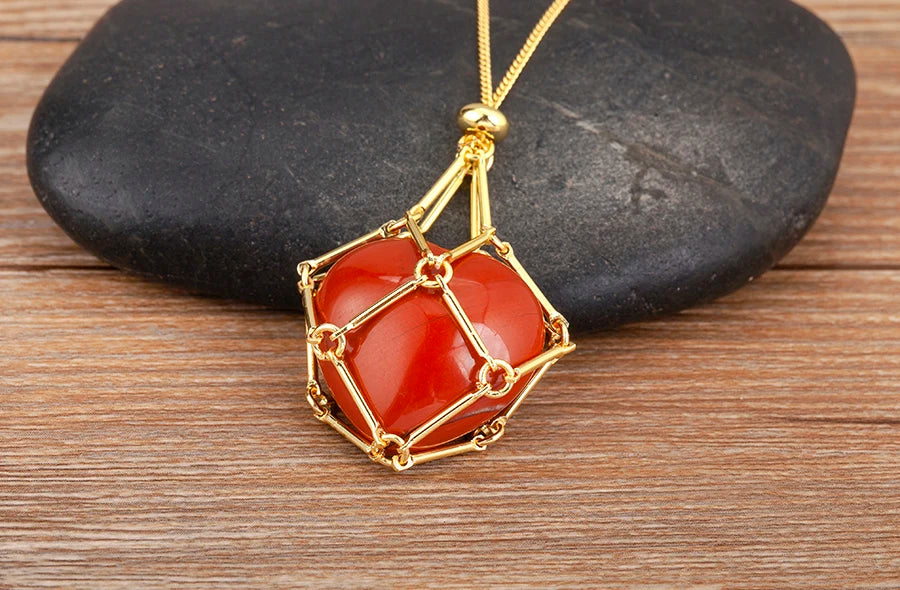 New Retro Irregular Hollow Design Heart Shape Natural Stone Pendant Necklace 7 Colors For Women Female Jewelry Accessories