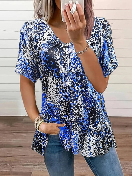 summer fashionable blouse digital print leopard print blouse chest pleated V neck short sleeve casual T-shirt women