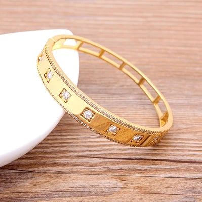 Luxury 14 Styles Famous Brand Jewelry Gold Color Copper Zircon Bangles Female Hollow Crystal Party Gift