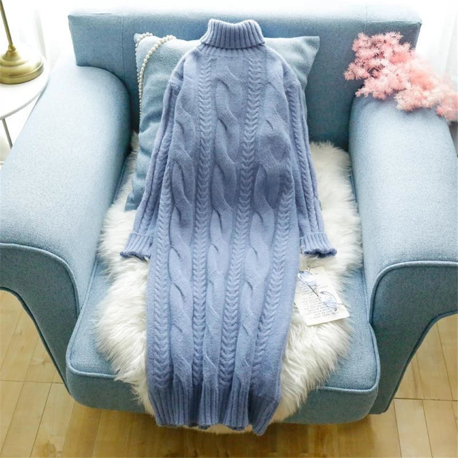 Winter Turtleneck Twist Knitting Dresses Women Warm Candy Color Rib Knited Pullover Dress Elegant Chic Solid Sweater Dresses