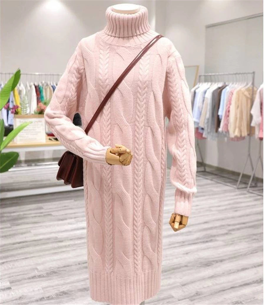 Winter Turtleneck Twist Knitting Dresses Women Warm Candy Color Rib Knited Pullover Dress Elegant Chic Solid Sweater Dresses