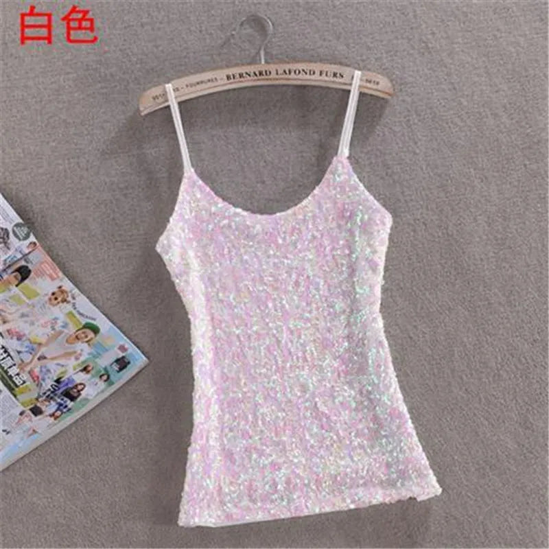 Sexy Women Ladies Sequined Bling Shiny Tank Tops Sleeveless T Shirts Camis Blouse Vest Bottom Sling Top Multicolor 06#