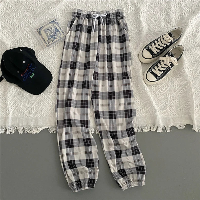 Pants Women New Bunch of feet Fashion Loose Black Plaid Summer Students Streetwear Harem Long Trousers Women Chic