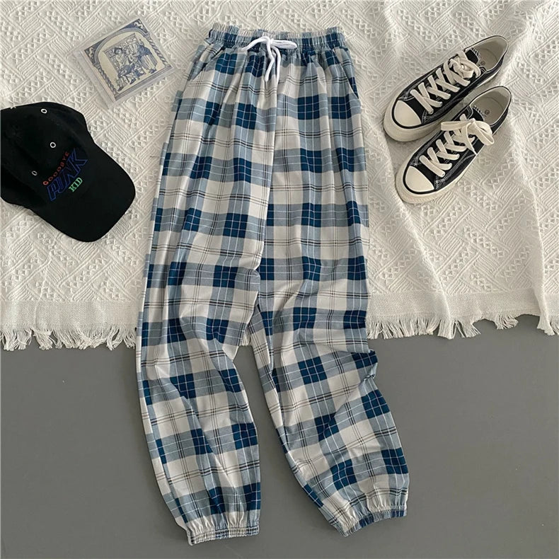 Pants Women New Bunch of feet Fashion Loose Black Plaid Summer Students Streetwear Harem Long Trousers Women Chic