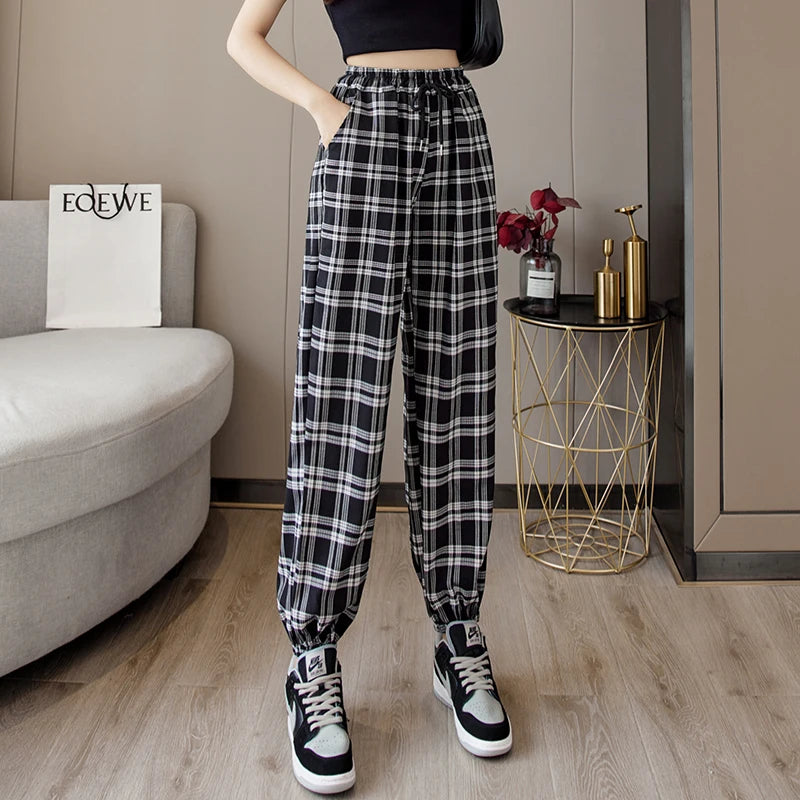 Pants Women New Bunch of feet Fashion Loose Black Plaid Summer Students Streetwear Harem Long Trousers Women Chic