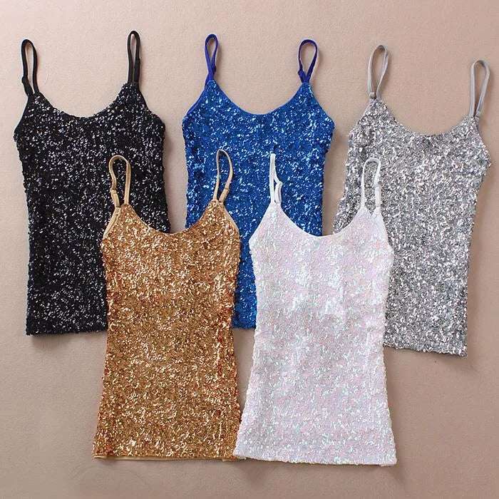 Sexy Women Ladies Sequined Bling Shiny Tank Tops Sleeveless T Shirts Camis Blouse Vest Bottom Sling Top Multicolor 06#