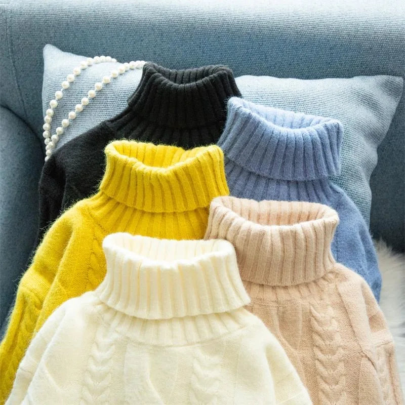 Winter Turtleneck Twist Knitting Dresses Women Warm Candy Color Rib Knited Pullover Dress Elegant Chic Solid Sweater Dresses