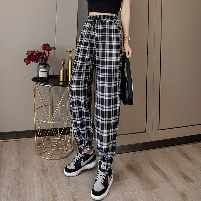 Pants Women New Bunch of feet Fashion Loose Black Plaid Summer Students Streetwear Harem Long Trousers Women Chic