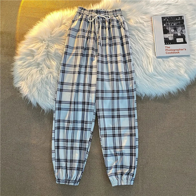 Pants Women New Bunch of feet Fashion Loose Black Plaid Summer Students Streetwear Harem Long Trousers Women Chic