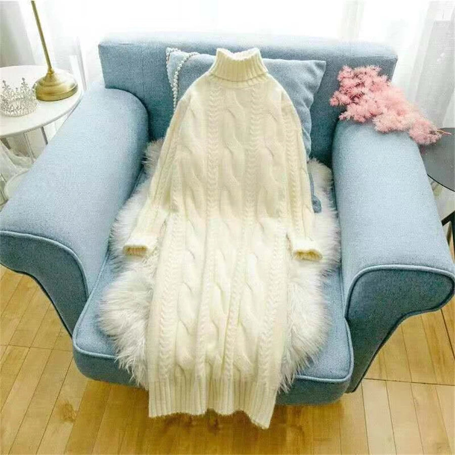 Winter Turtleneck Twist Knitting Dresses Women Warm Candy Color Rib Knited Pullover Dress Elegant Chic Solid Sweater Dresses