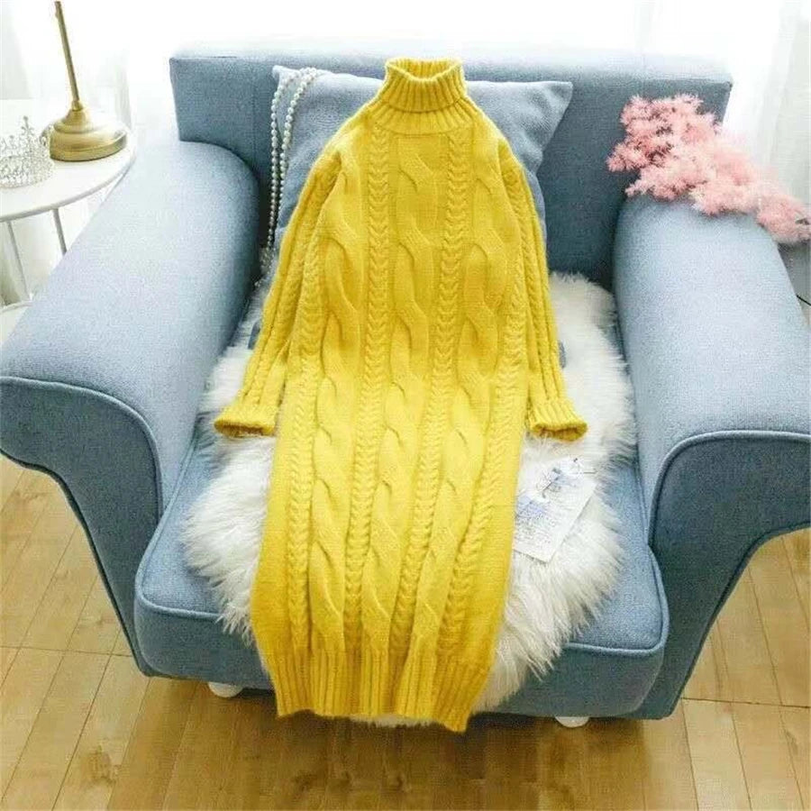 Winter Turtleneck Twist Knitting Dresses Women Warm Candy Color Rib Knited Pullover Dress Elegant Chic Solid Sweater Dresses