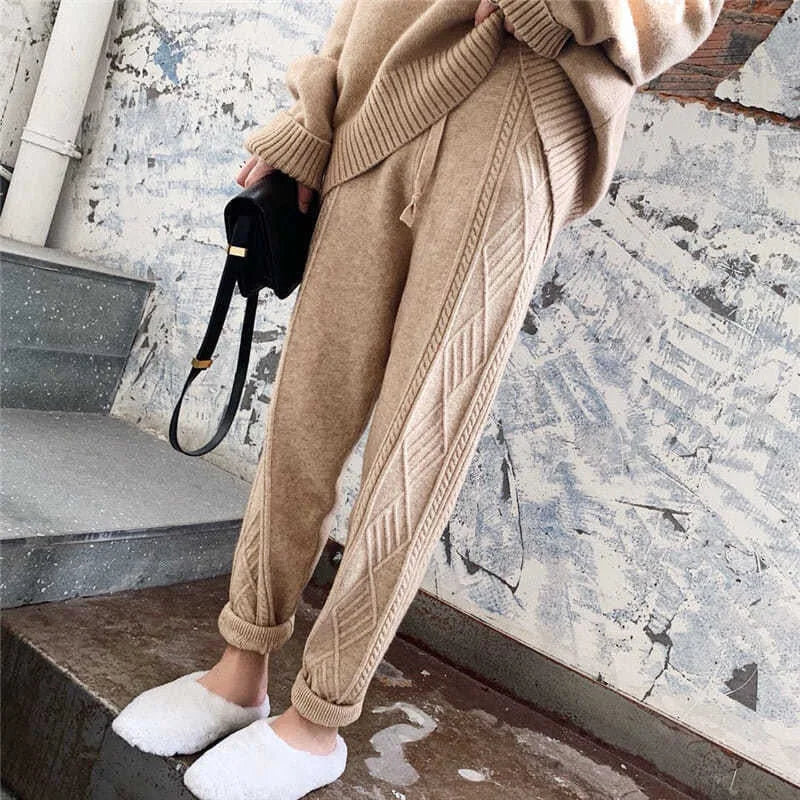 Winter Soft Knitted Sweatpants Women's Casual High Waist Harem Ankle-length Pants Korean Loose Jogger Pantalones New