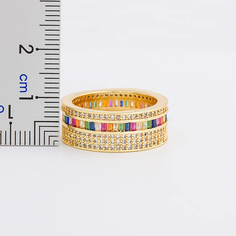 Rainbow Copper Cubic Zirconia Ring For Women Charm Gold Color Crystal Rings Fine Party Wedding Jewelry