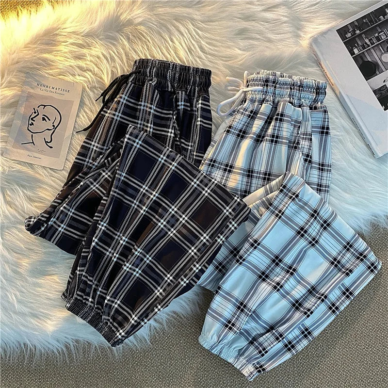 Pants Women New Bunch of feet Fashion Loose Black Plaid Summer Students Streetwear Harem Long Trousers Women Chic