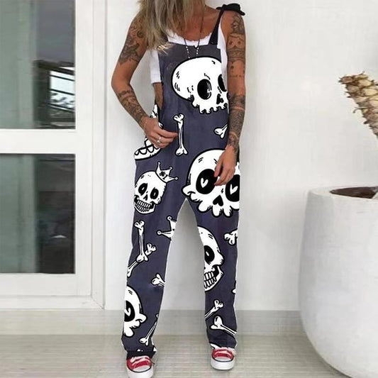 Fashion Gothic Skull Print Jumpsuits Women Spaghetti Strap Trouser Sexy Pocket Design Overalls Plus Size 4xl