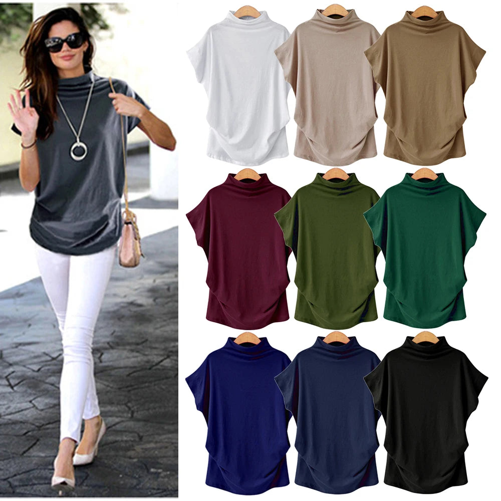 summer women's half high collar bat sleeve top solid color polyester cotton loose short sleeve T-shirt female