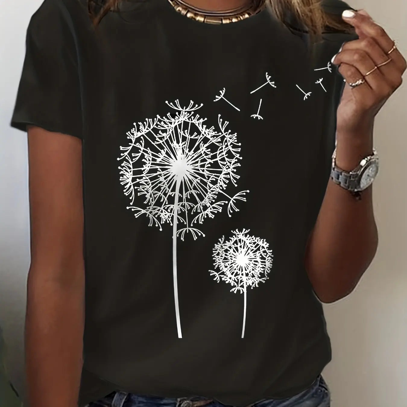 Dandelion Print Crew Neck T-Shirt, Casual Short Sleeve Top For Spring & Summer, Women's Clothing