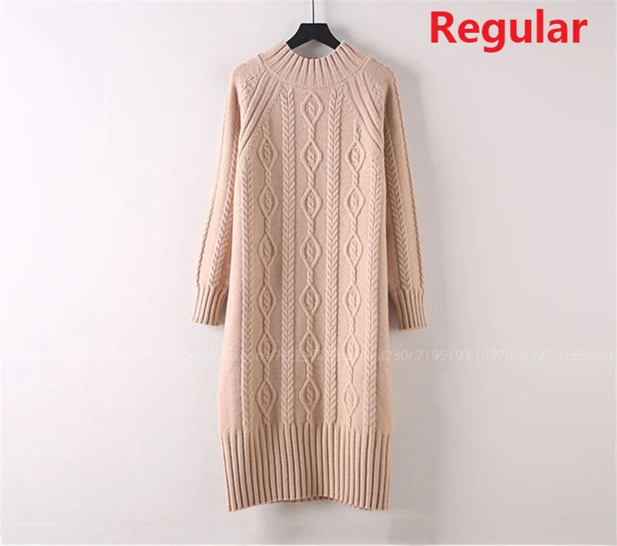 Winter Thicken Plush Velvet Lined Sweater Dress Women's Fall Half Turtleneck Rib Knit Bottom Dresses Elegant Warm Vestido Midi