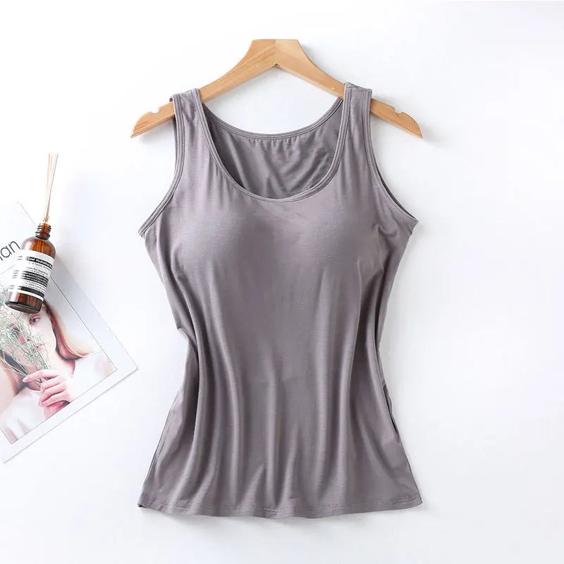 Women's Vest Tops With Built In Bra Neck Vest Padded Slim Fit Tank Tops Sexy Shirts Feminino Casual Underlay shirt slimming