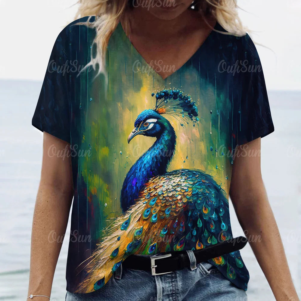 Women's T Shirt Tee 3d Peacock Feathers Print Daily Fashion Short Sleeve Aesthetics Casual V Neck Casual T-Shirts For Woman