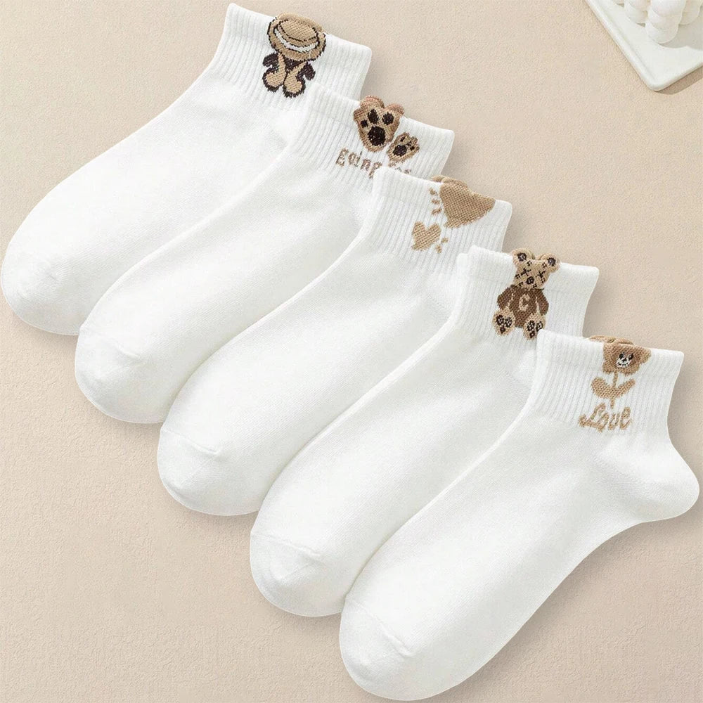 5/10/20 Pairs Women Cartoon Teddy Bear Patterned Ankle Socks Versatile Fashionable Creative Breathable Comfortable Casual Socks