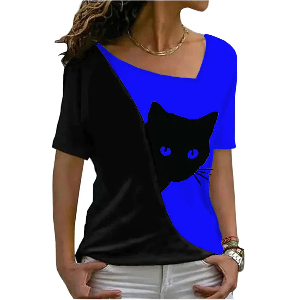 women’s blouse new style inclined collar black cat print short sleeve T-shirt women