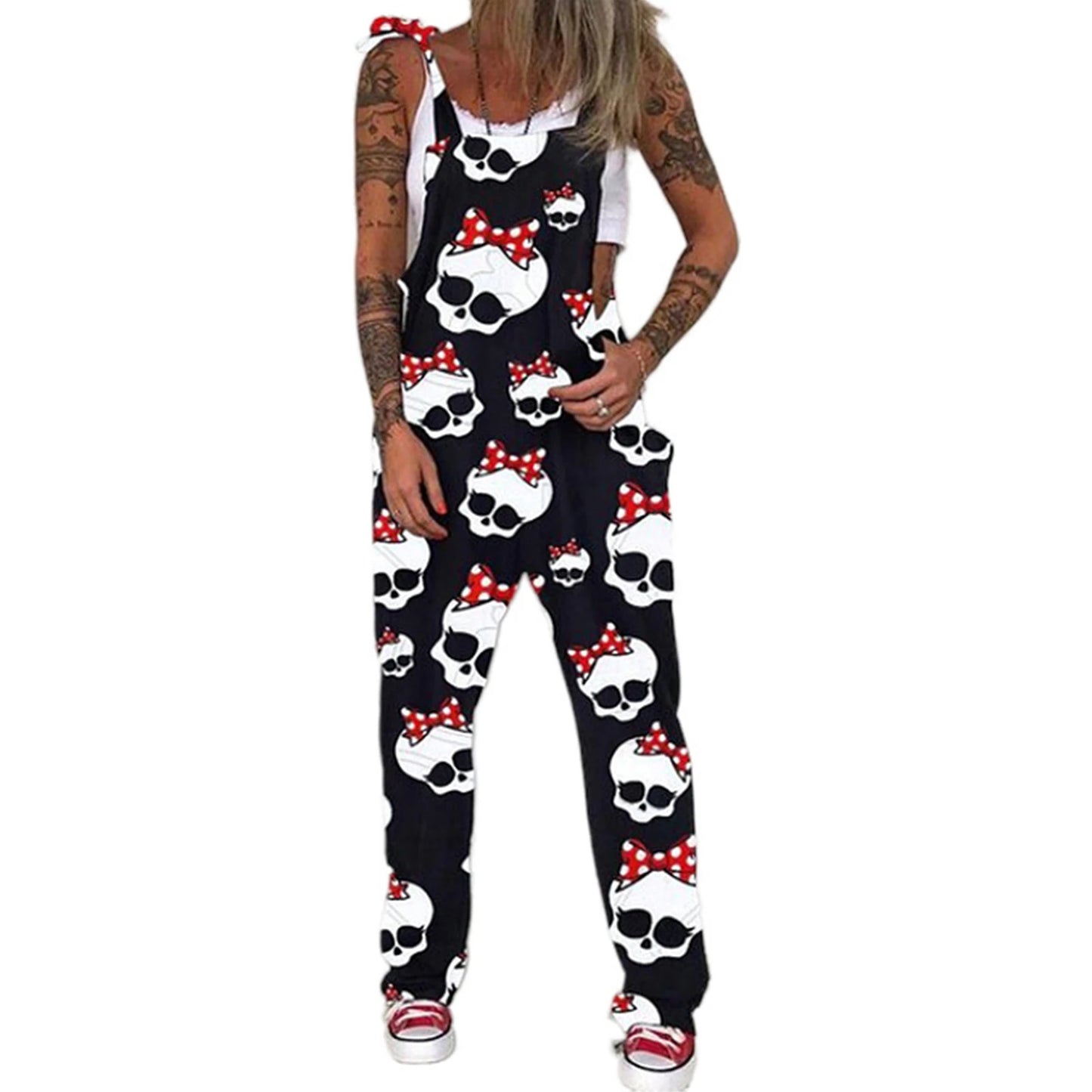 Fashion Gothic Skull Print Jumpsuits Women Spaghetti Strap Trouser Sexy Pocket Design Overalls Plus Size 4xl