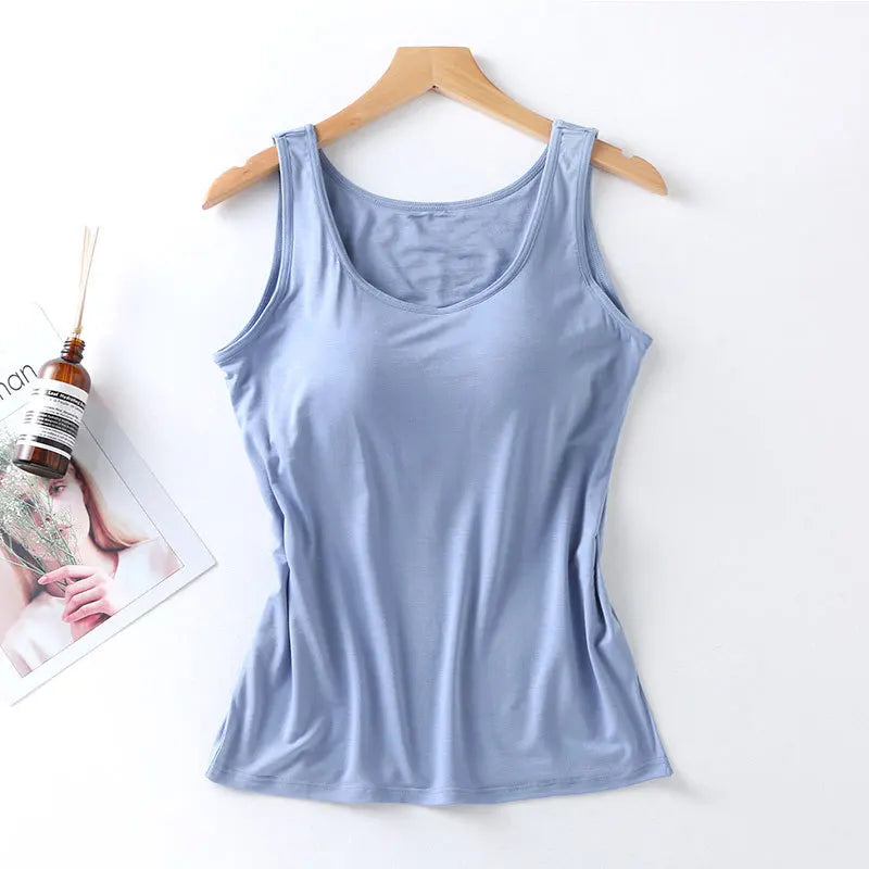 Women's Vest Tops With Built In Bra Neck Vest Padded Slim Fit Tank Tops Sexy Shirts Feminino Casual Underlay shirt slimming