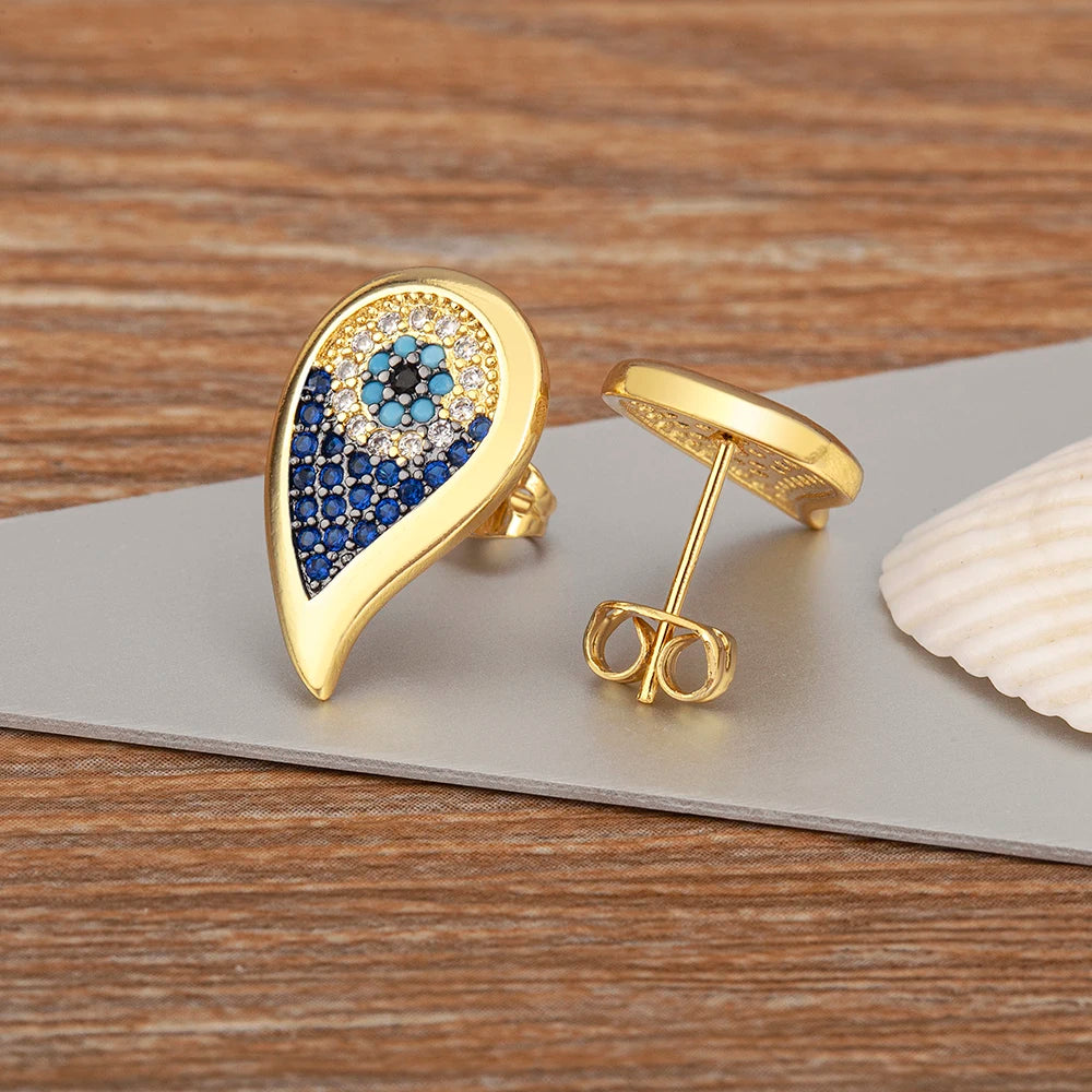 Turkish Evil Eye Colorful Zircon Stud Earrings For Women Water Drop Gold Plated Crystal Ear Jewelry Gift