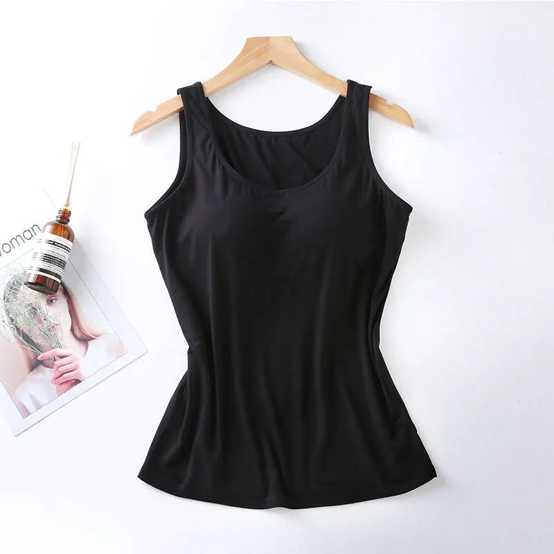 Women's Vest Tops With Built In Bra Neck Vest Padded Slim Fit Tank Tops Sexy Shirts Feminino Casual Underlay shirt slimming