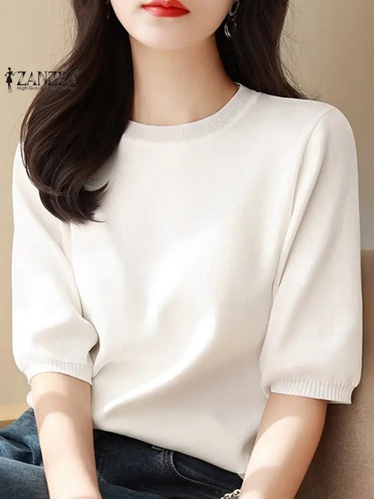 Women Knitted T Shirt Korean Fashion Half Sleeve Simple Tees 2024 Summer Round Neck Tunics Casual Loose Solid Basic Tops