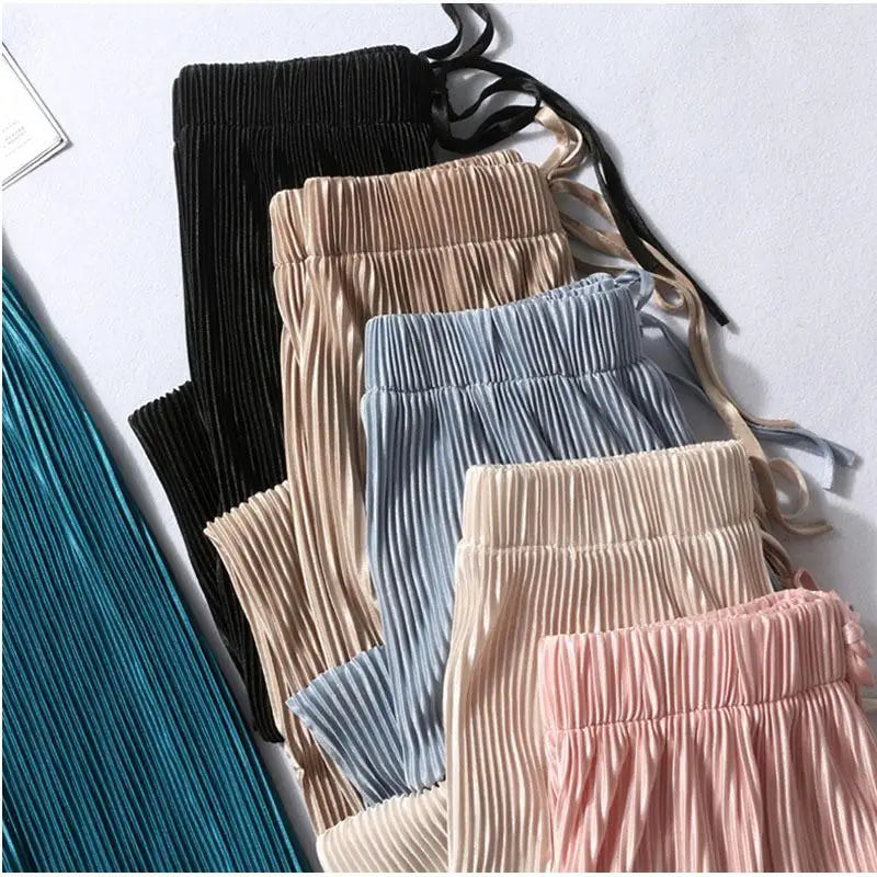 Women's Wide Leg Pants Pleated Ice Silk Trousers Elastic Waist Loose Casual Pants