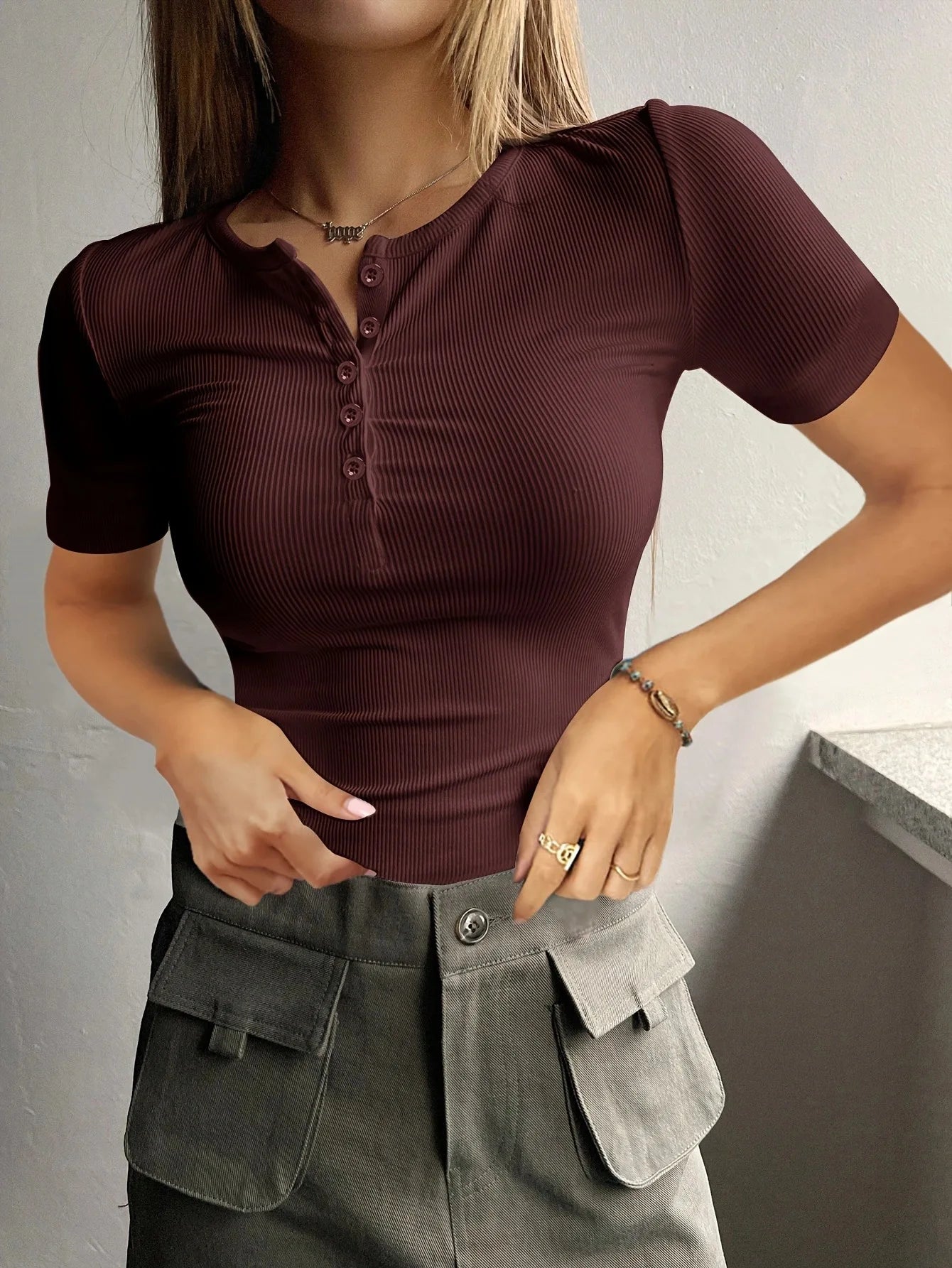 Women's New Short sleeved Button Ribbed Slim Fit Knitted