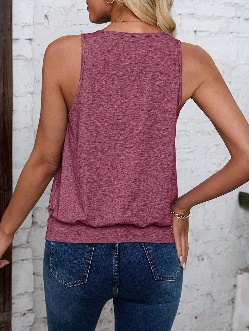 New Summer Women's V-neck Plain Color Casual Draw Foot Sleeveless Tank Top Comfortable T-Shirt