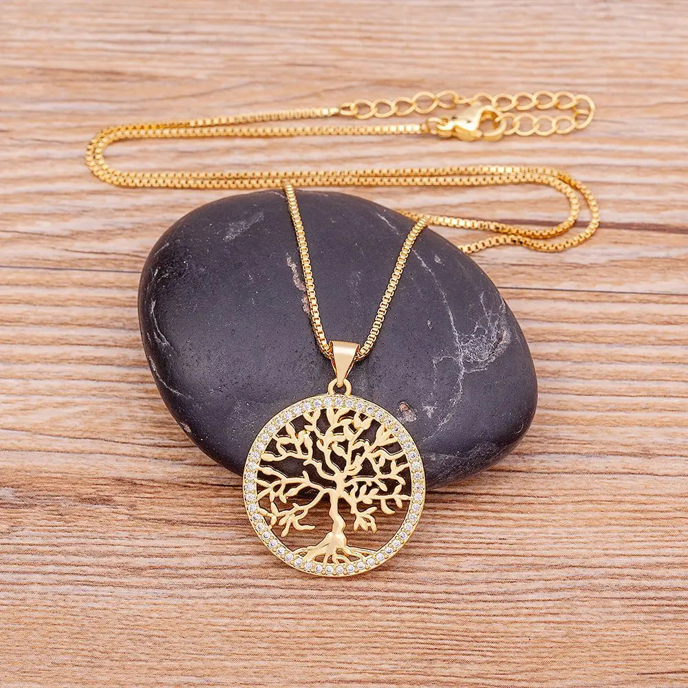 Tree of Life Gold Plated Crystal Necklaces & Pendants Women Zircon Chain Jewelry Collier Femme