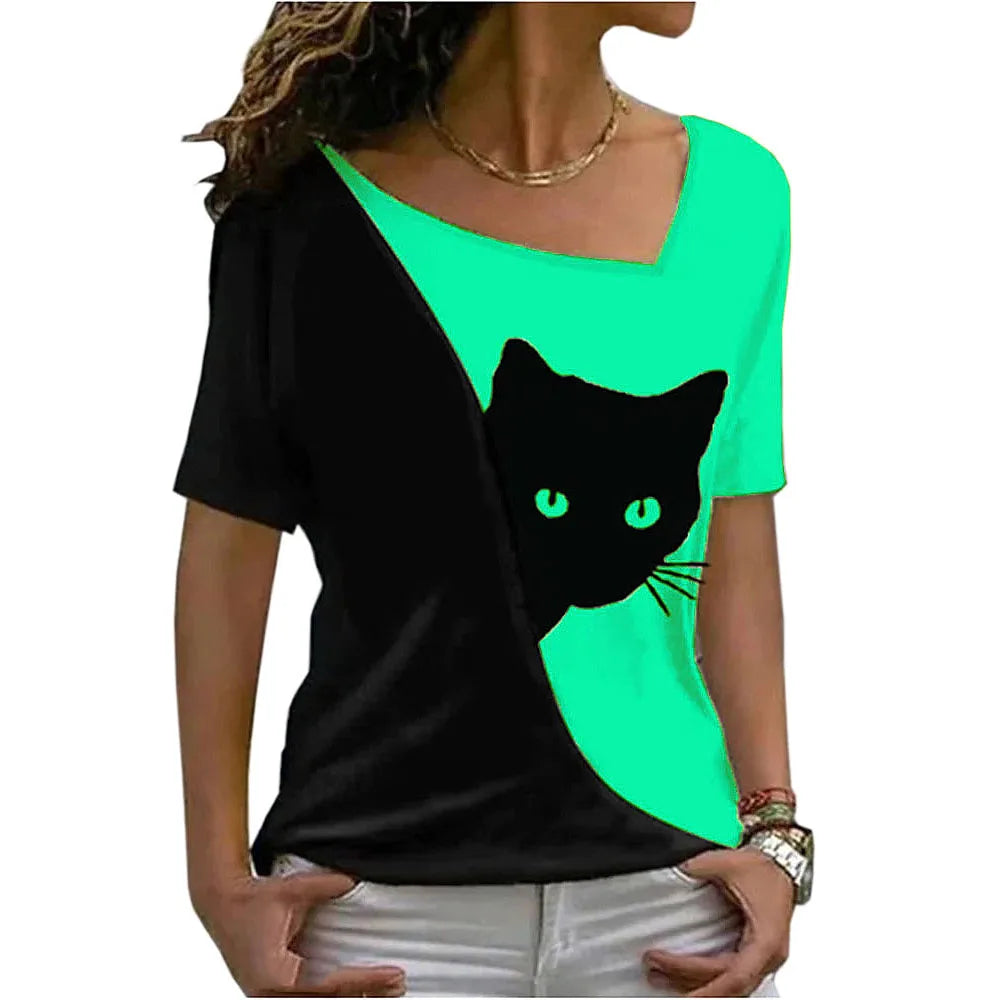 women’s blouse new style inclined collar black cat print short sleeve T-shirt women