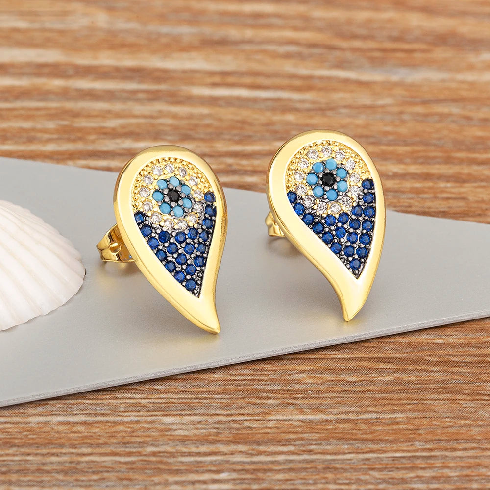 Turkish Evil Eye Colorful Zircon Stud Earrings For Women Water Drop Gold Plated Crystal Ear Jewelry Gift