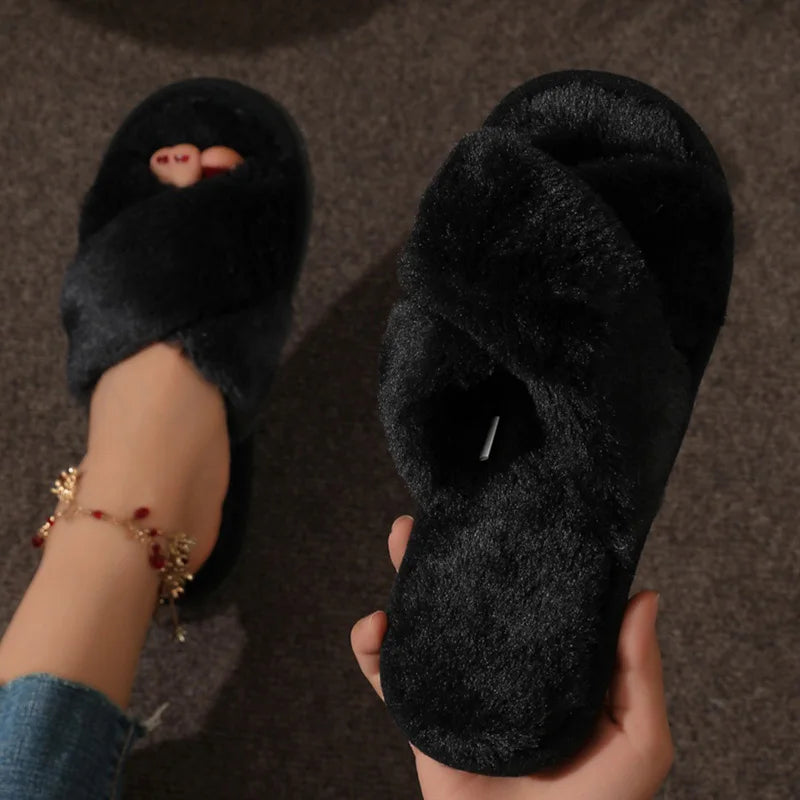 Leopard Print Fur Slippers Women Winter New Peep Toe Warm Plush Indoor Slides Woman Fashion Cross Strap Cotton House Slippers