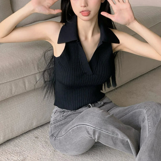 Knit Top Female Tank Vest Spring Autumn Casual Fashion V Neck Women Bralette Crop Polo Top S-XL