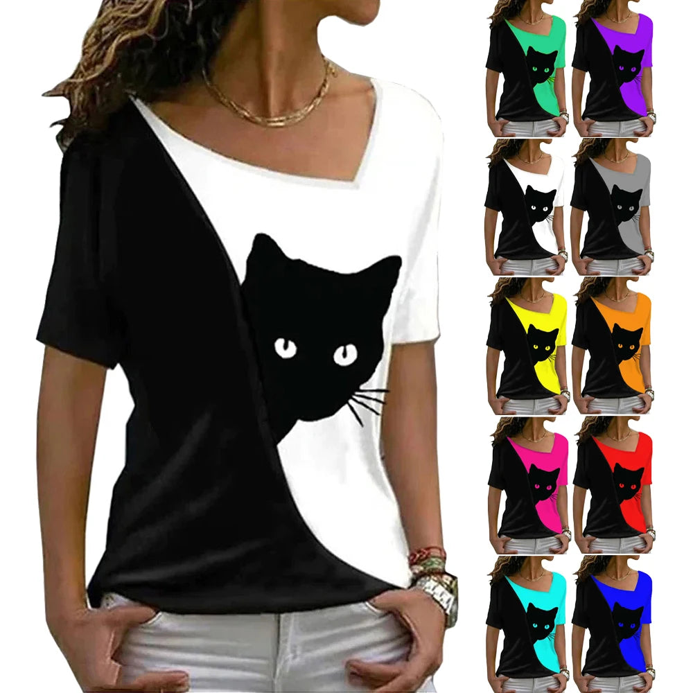 women’s blouse new style inclined collar black cat print short sleeve T-shirt women