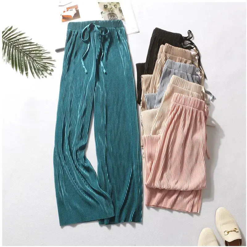 Women's Wide Leg Pants Pleated Ice Silk Trousers Elastic Waist Loose Casual Pants